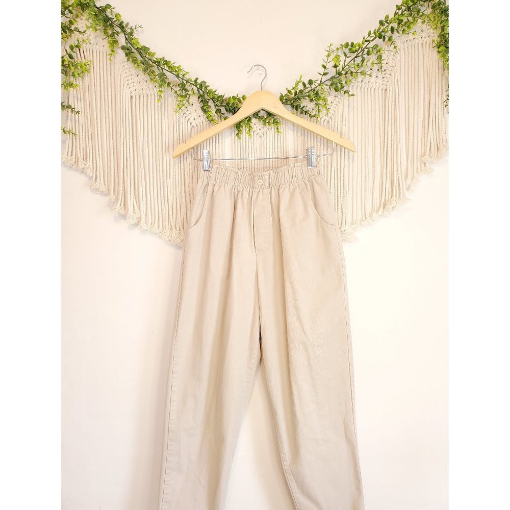 Vintage Neutral Beige Straight Leg High Rise Stretchy Waist Pull On Pants